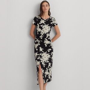 Lauren Ralph Lauren Black & White Floral Twist-Front Midi Dress (Size S)